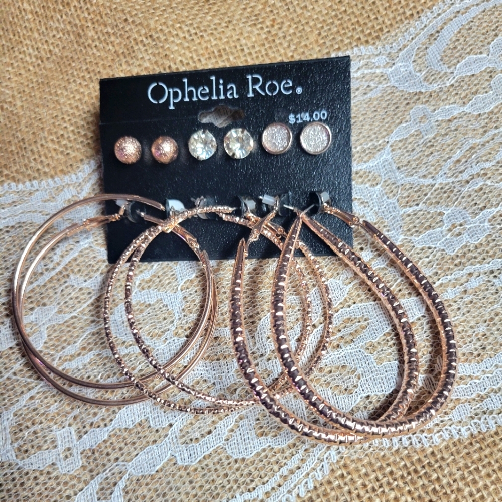 Ophelia Roe set of 6 pairs pierced earrings rose gold color